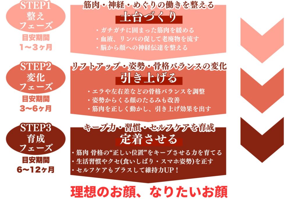 小顔コルギの効果を高める3ステップ図解。STEP1整えフェーズ(1〜3ヶ月)で筋肉や神経、めぐりを改善。STEP2変化フェーズ(3〜6ヶ月)でリフトアップや骨格バランスを整える。STEP3育成フェーズ(6〜12ヶ月)で習慣化とセルフケアを取り入れ維持する流れ。
